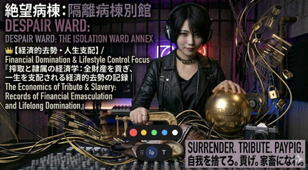 ドS管理人くるみが暗い産業地下室で、男性的な象徴アイテム（ネクタイ、チェスのキングなど）をゴールドの「暗示」の力で解体・経済的な貢ぎと人生支配へ変換する、Findom特化ページのアイキャッチ画像。アダルト要素なし。 英語（English）： Eye-catch image for the specialized hub on Financial Domination and Lifestyle Control, featuring Domme Kurumi physically and psychologically breaking down masculine objects like a necktie and chess king into gold "suggestion" and financial tribute in a dark industrial basement. No adult elements.